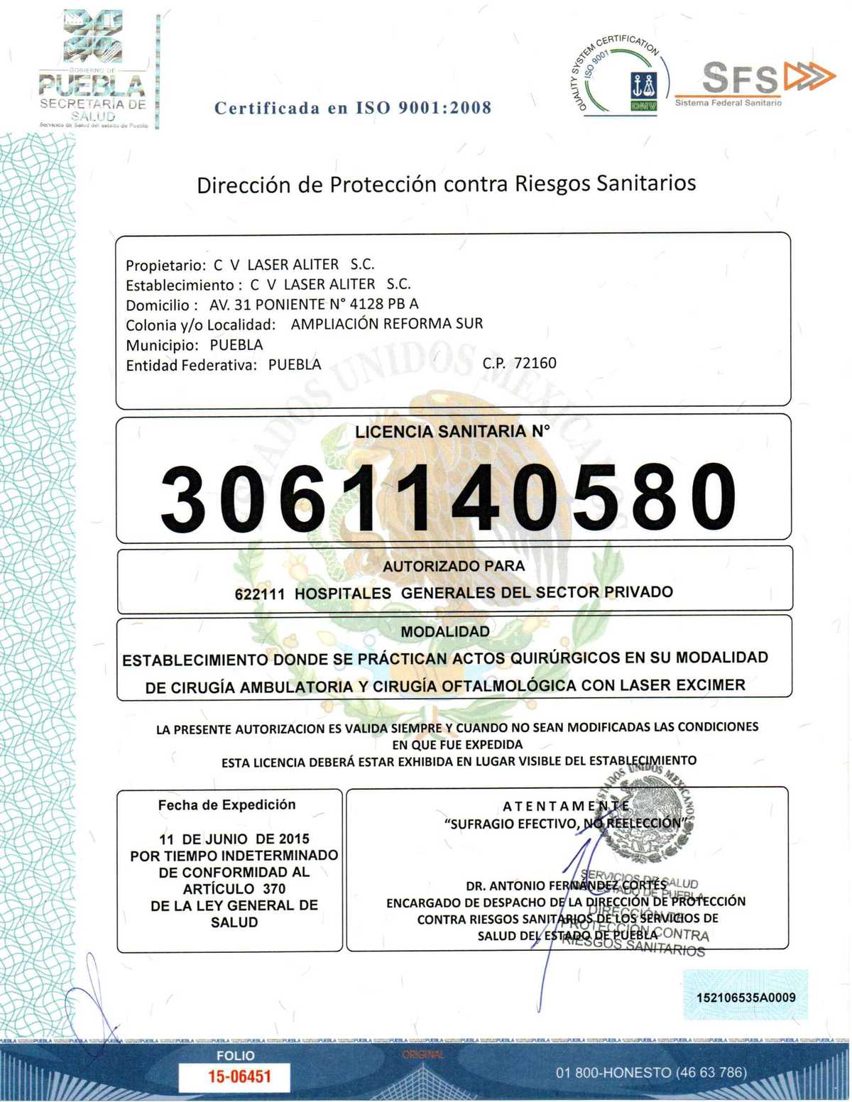 CVL Puebla Mexico Eye Clinic Licencia Sanitaria Certificate