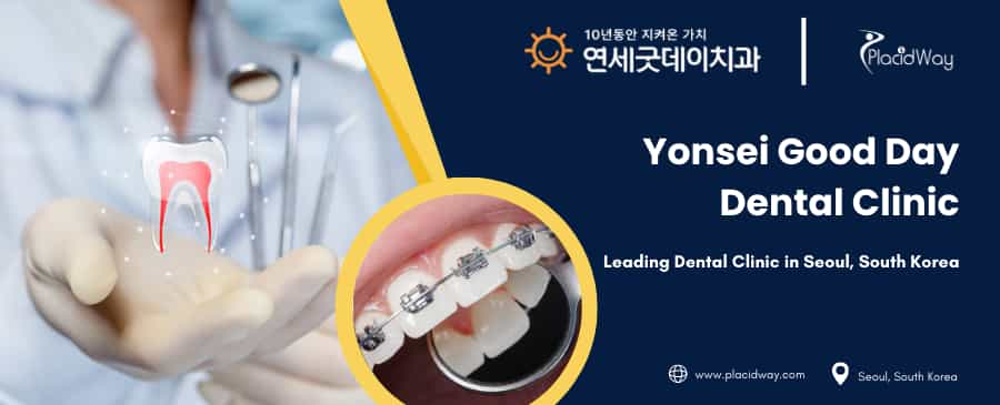 A dentist's gloved hand holds tools with a digital tooth image. An inset shows teeth with braces. Text: