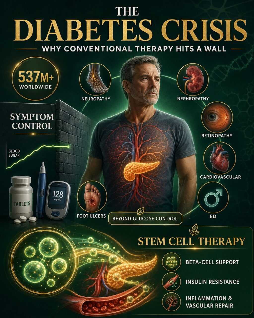 The Diabetes Crisis:?diabetic complications&mdash;neuropathy, nephropathy, retinopathy, cardiovascular disease, erectile dysfunction, and foot ulcers&mdash;affect more than 50% of long-term patients.