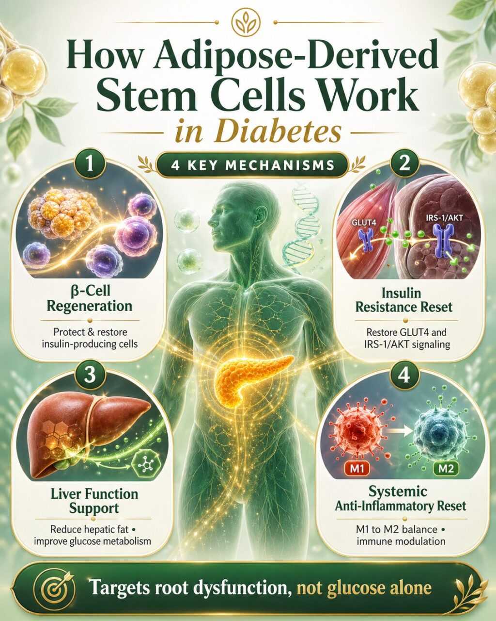 How Adipose-Derived Stem Cells Work in Diabetes: &beta;-Cell Regeneration and Protection, Reversal of Insulin Resistance at the Cellular Level, Liver Function Restoration and Systemic Anti-Inflammatory Reset.