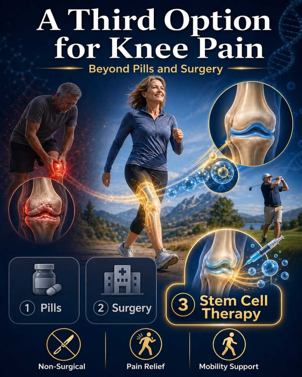 Knee stem cell therapy is a non-surgical regenerative treatment that uses mesenchymal stem cells (MSCs) injected directly into the knee joint to reduce inflammation, support cartilage repair, and restore mobility — offering a scientifically validated alternative to knee replacement surgery.