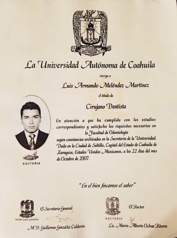 Certificado Dr. Luis Armando Meléndez Martínez