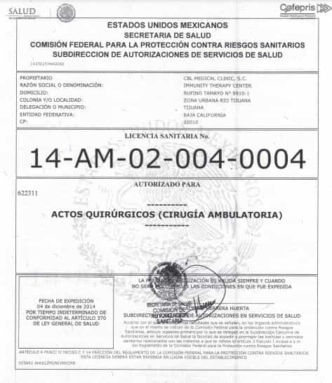 Immunity Therapy Center COFEPRIS & SALUD Certification