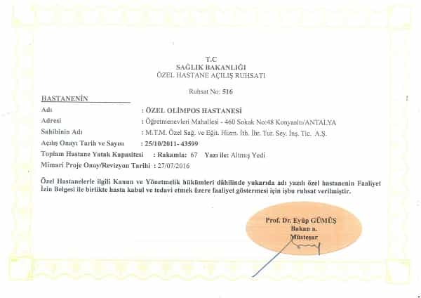 Certificado del Hospital Privado Olympos en Antalya, Turquía