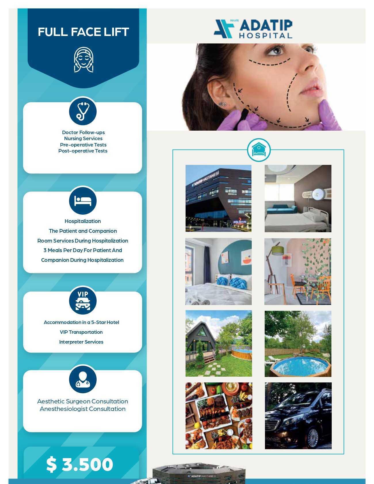 Paquete de cirugía de lifting facial completo del Hospital ADATIP en Estambul, Turquía