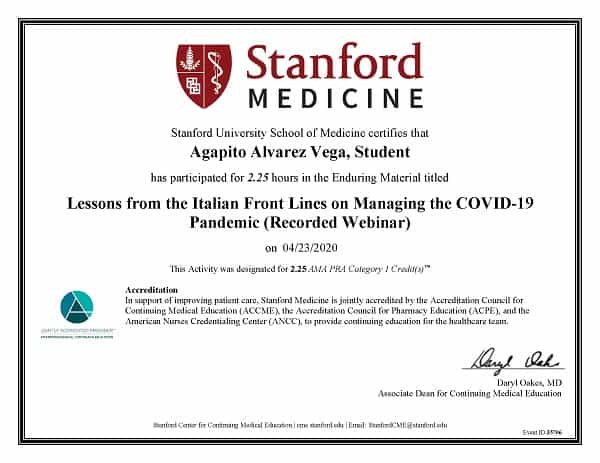 Certificado de Medicina de Stanford recibido por ICONIC Medical Aesthetic