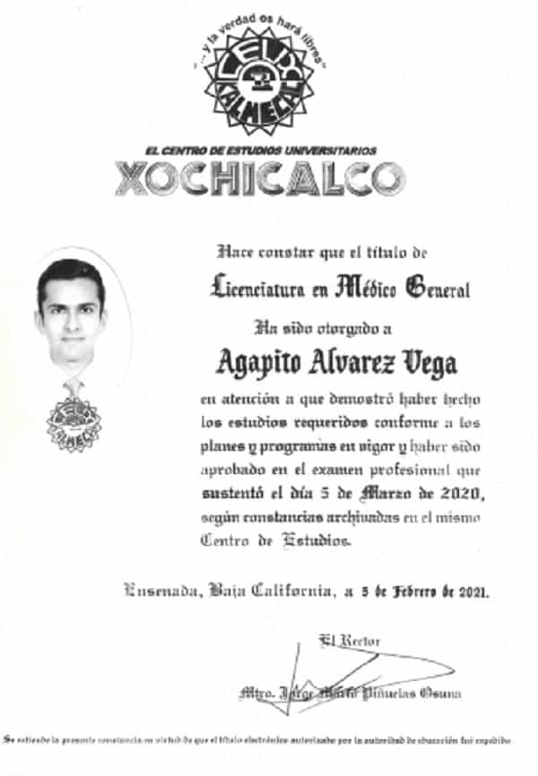 Licencia recibida por el Dr. Agapito Álvarez Vega