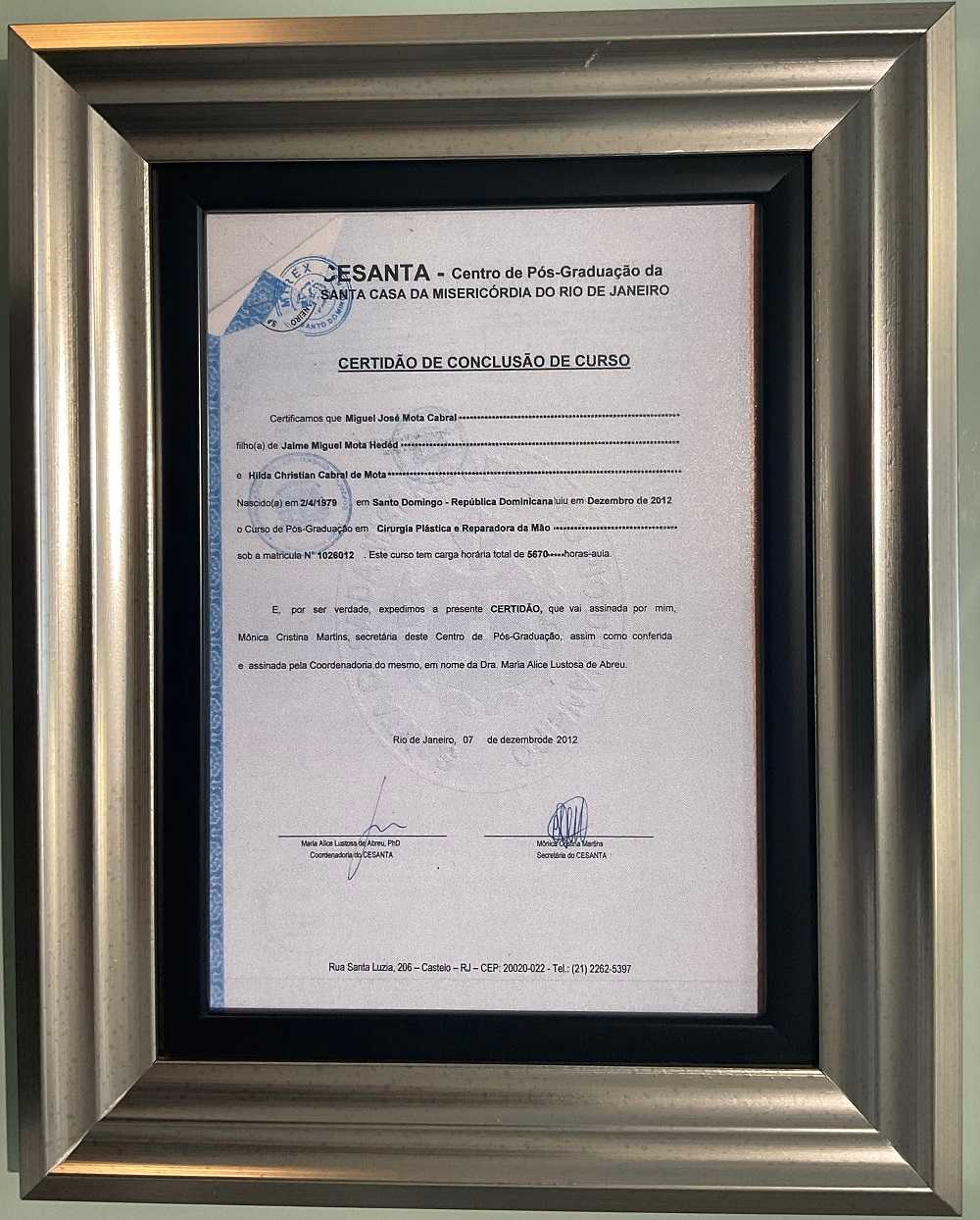 Certificado Dr. Miguel Mota