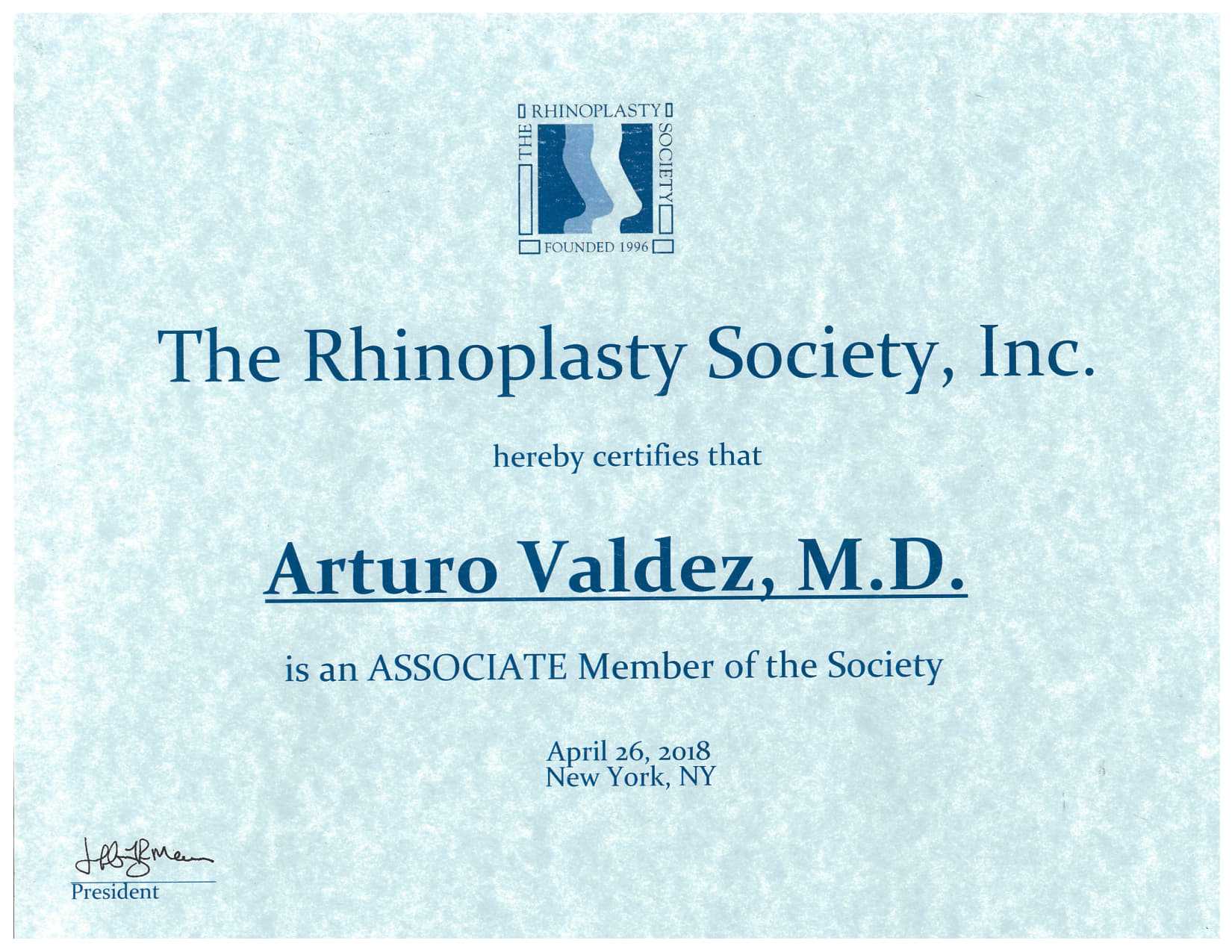 Certificado de la Sociedad de Rinoplastia
