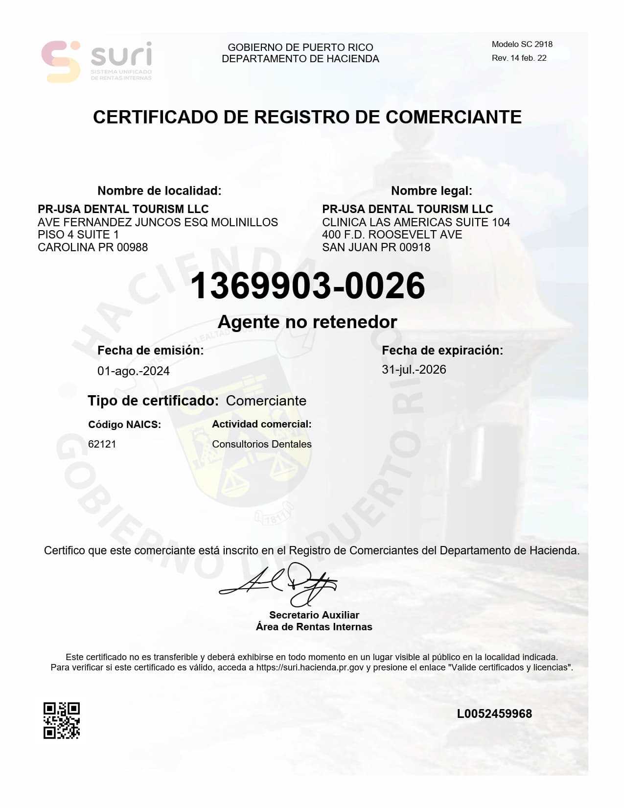 Certificado de turismo dental de PR USA