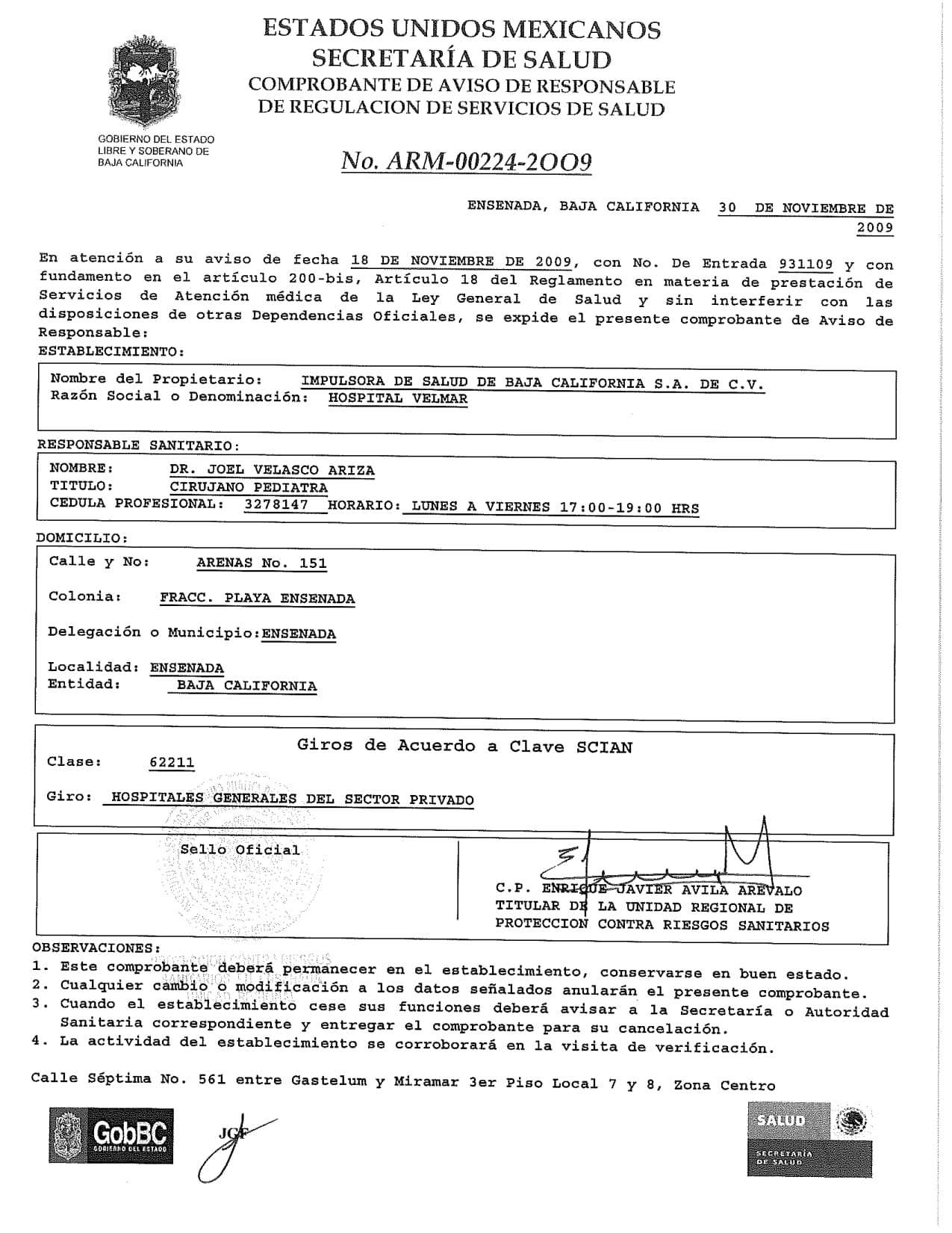 Certificado Recibido por el Hospital Velmar