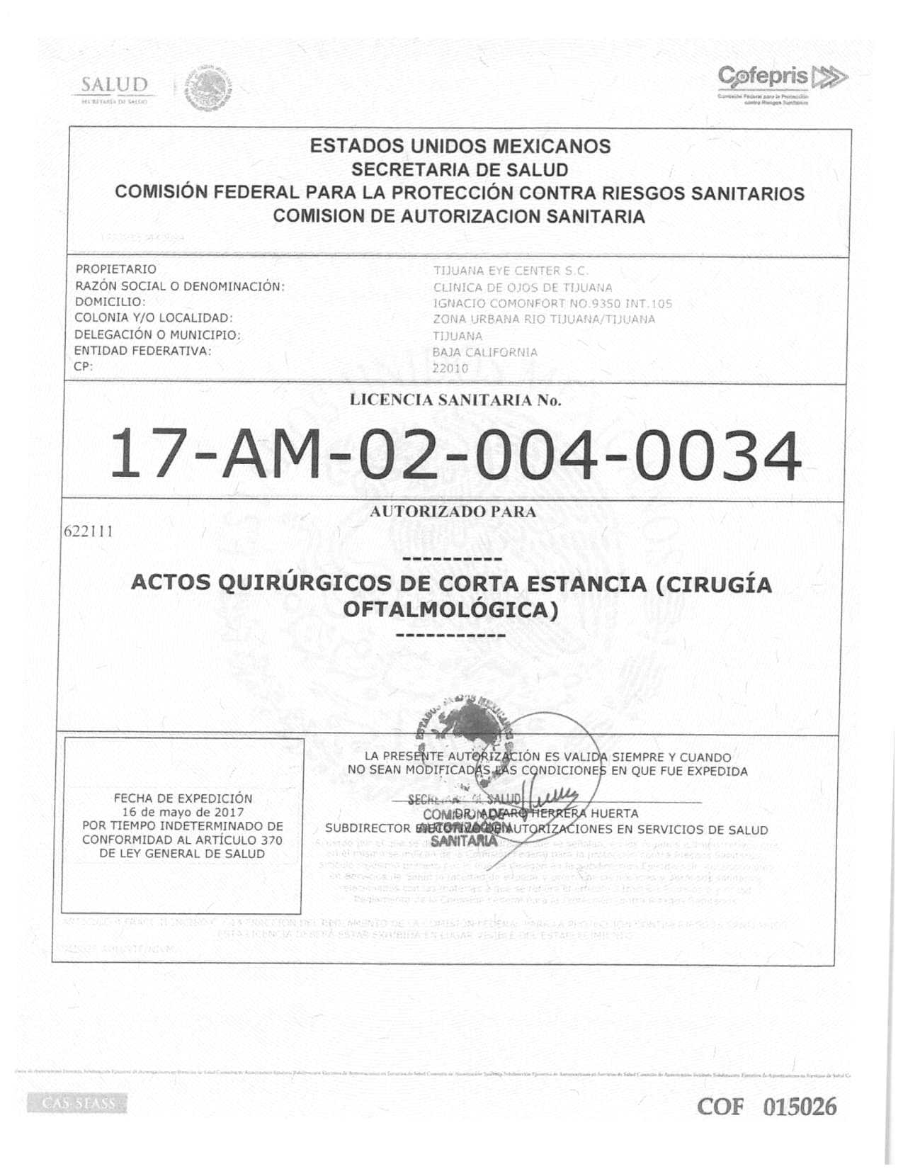 Certificado COFEPRIS del Centro Oftalmológico Tijuana