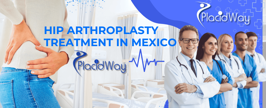 A graphic illustrating hip arthroplasty treatment in Mexico