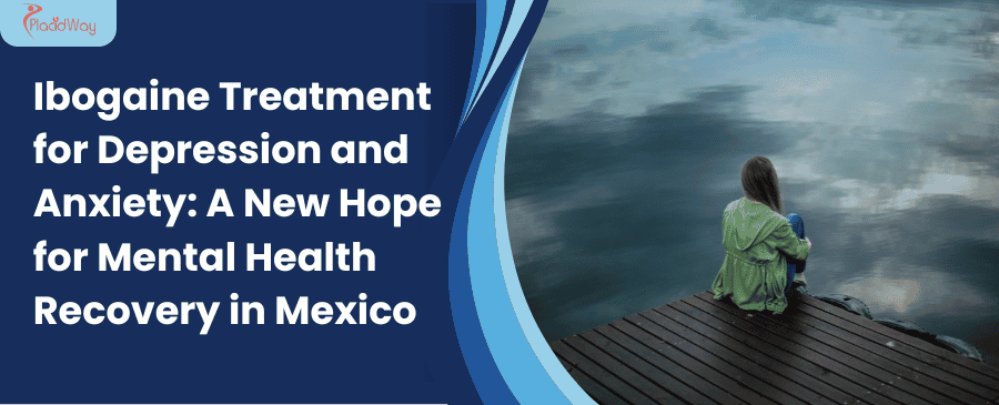 Una persona con una chaqueta verde se sienta contemplativamente en un muelle de madera sobre aguas tranquilas, con un texto sobre el tratamiento con ibogaína para la recuperación de la salud mental en México.
