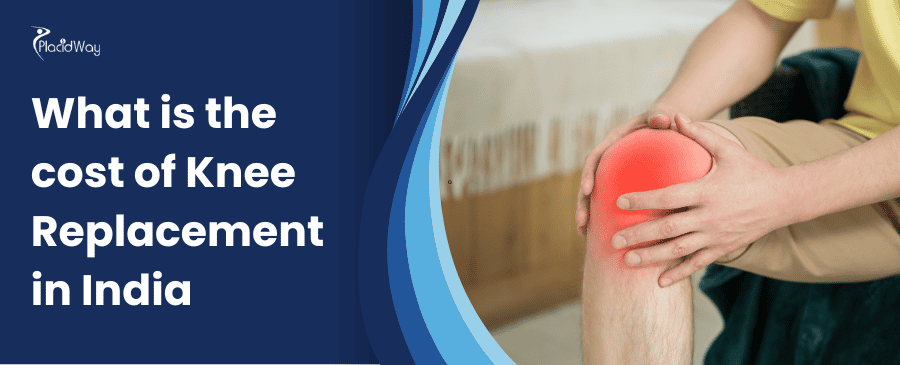 A person holds their knee, which is highlighted in red to indicate pain. Text reads, "What is the cost of Knee Replacement in India." Tone conveys concern and inquiry.