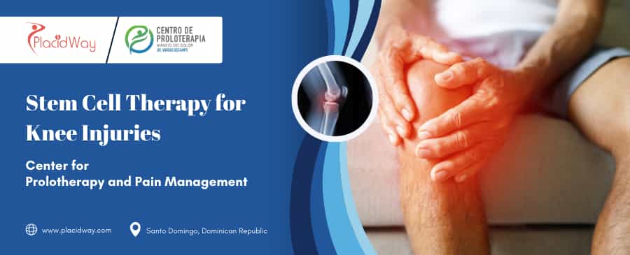 Advertisement for stem cell therapy at a center in Santo Domingo. A person holds their knee, with an X-ray image of a knee joint shown. The tone is informative and inviting.