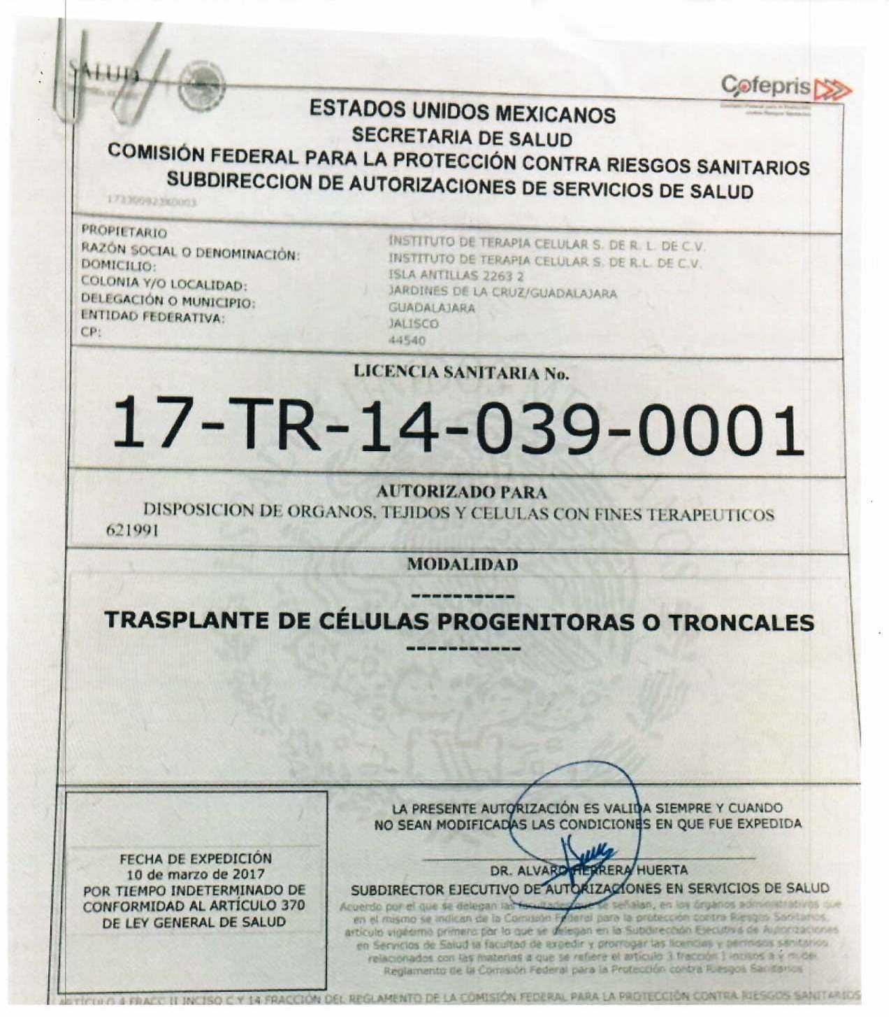 Instituto de Terapia Celular COFEPRIS