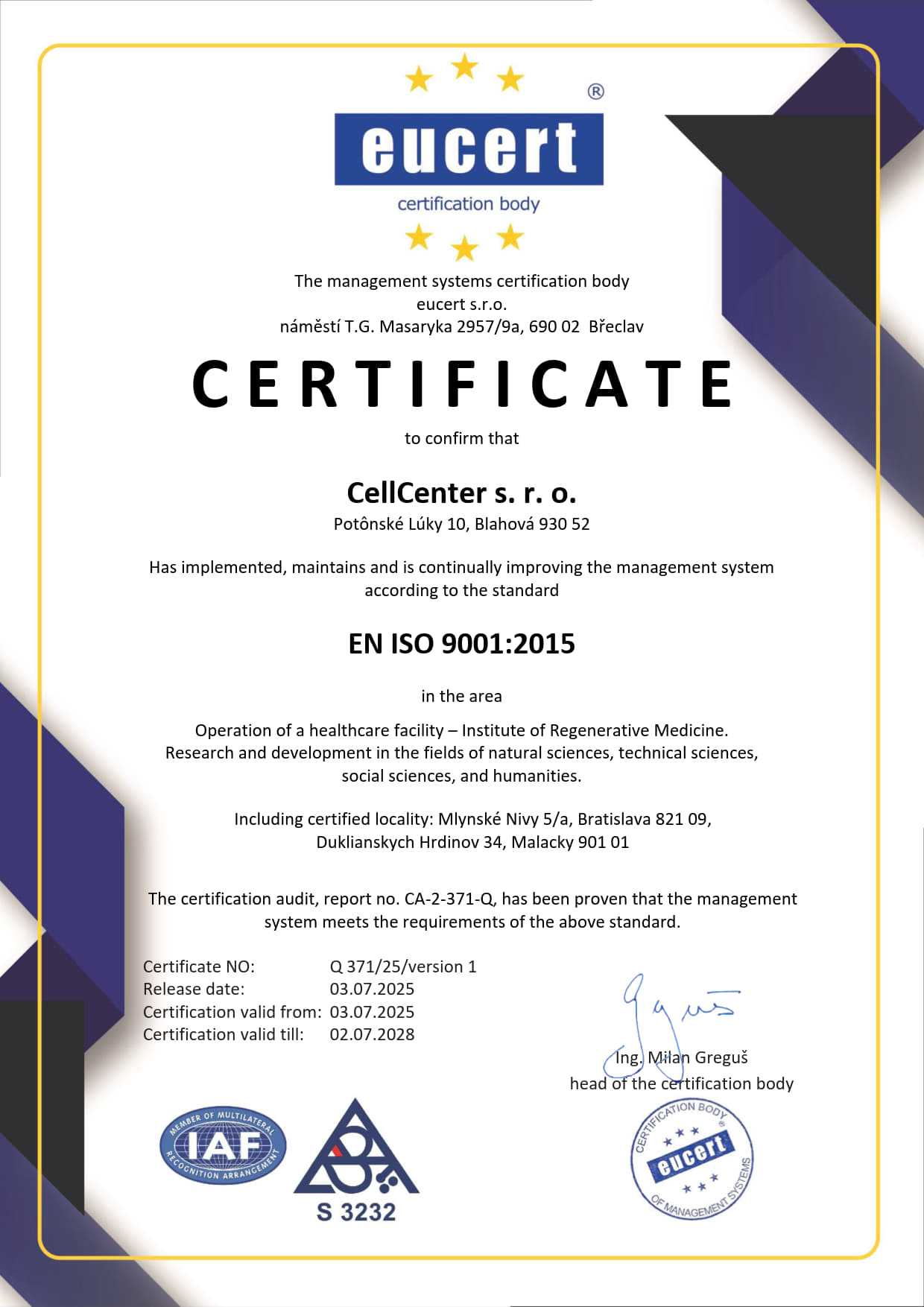 CellCenter Slovakia Stem Cell Therapy Certification