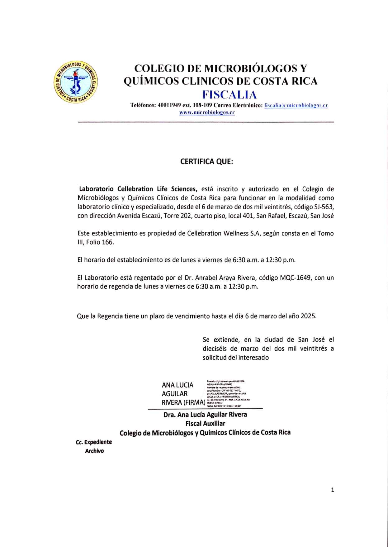 Certificado por el Ministerio de Salud de Costa Rica