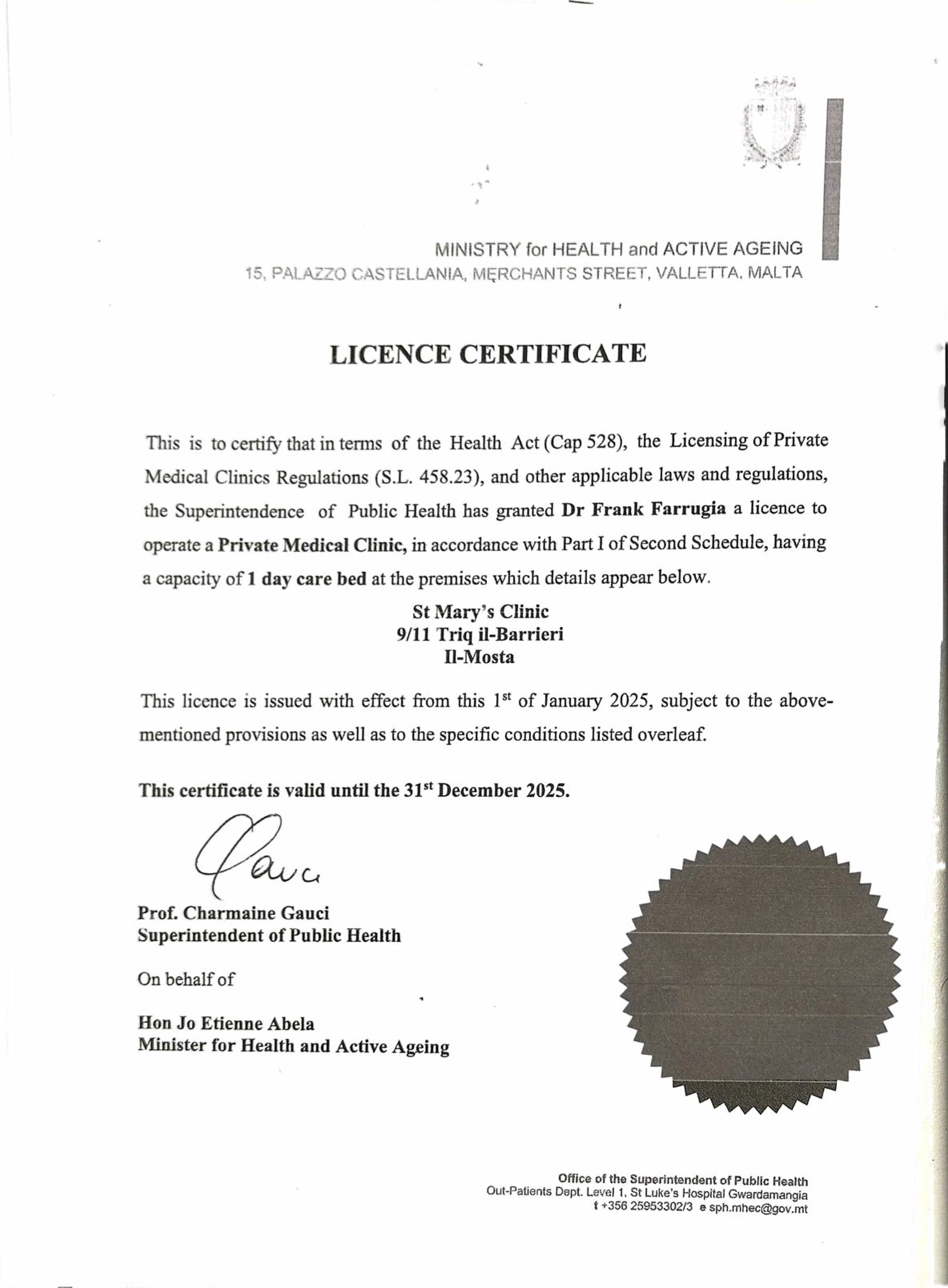 Certificado de la Clínica St Mary