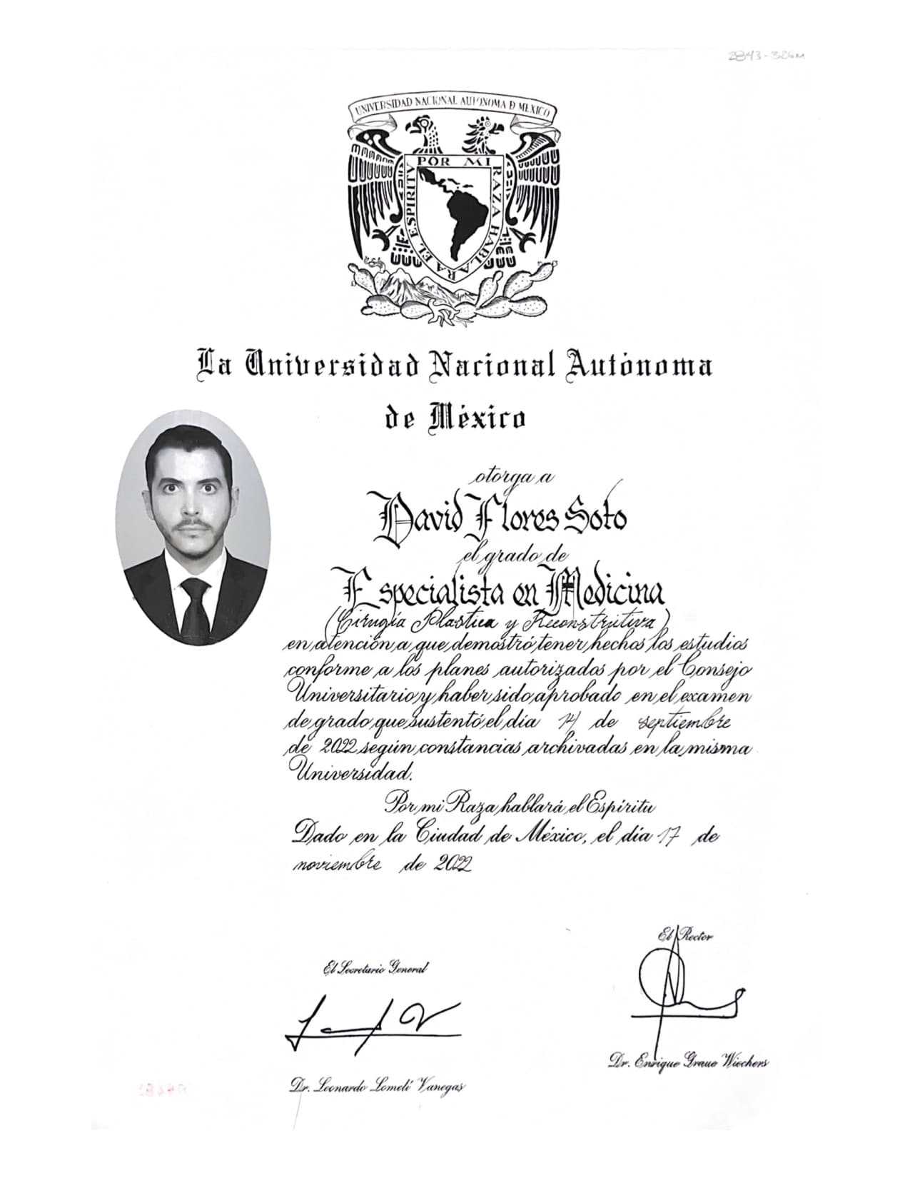Certificado en Cirugía Plástica del Dr. David Flores Soto Juárez
