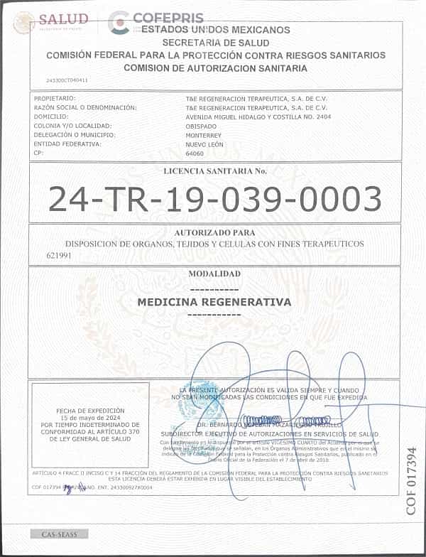 Certificado de Excelencia Clínica del Centro de Regeneración Aura