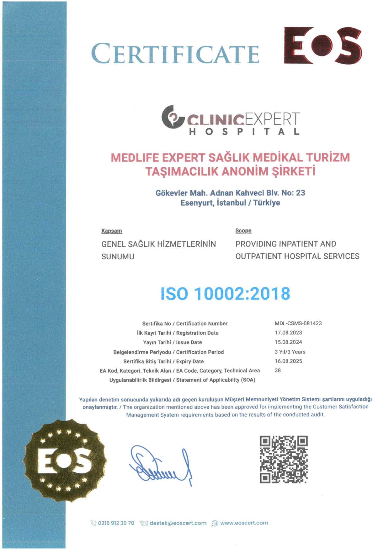 Certificación del Hospital Multidisciplinario ClinicExpert en Estambul, Turquía