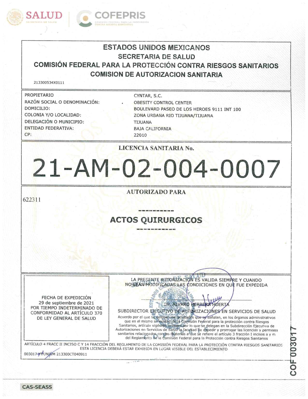 Hospital Cyntar Tijuana Mexico Certification