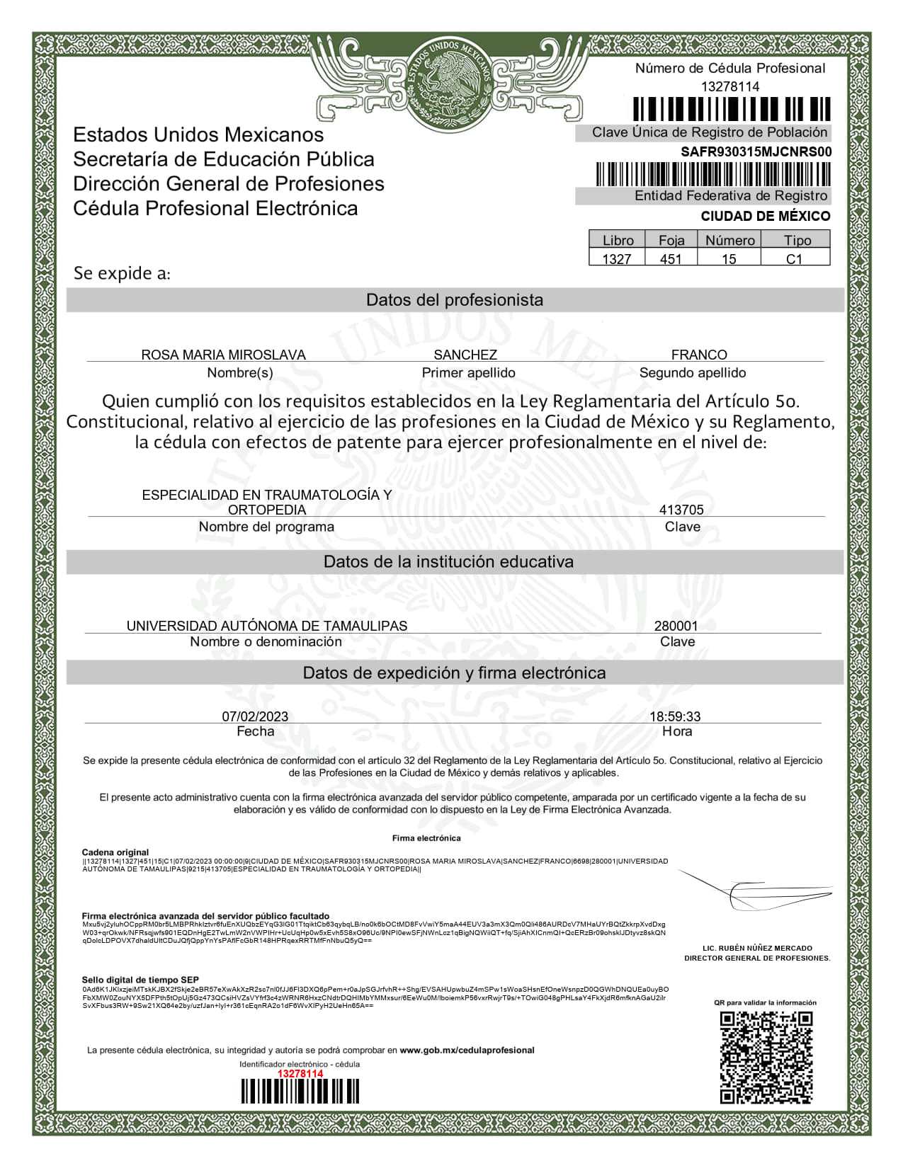Professional Credentials of Dr. Miroslava S. Franco, Orthopedic Surgeon in Tijuana Mexico