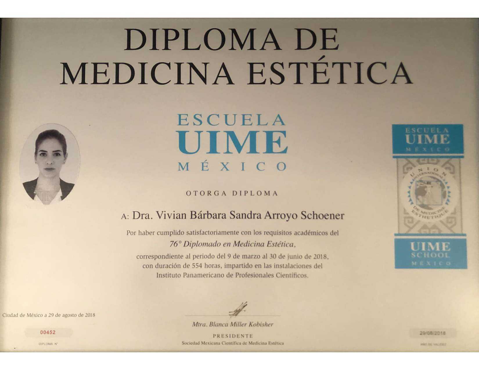 Diploma from the Universidad Internacional de Medicina Estética (UIME)
