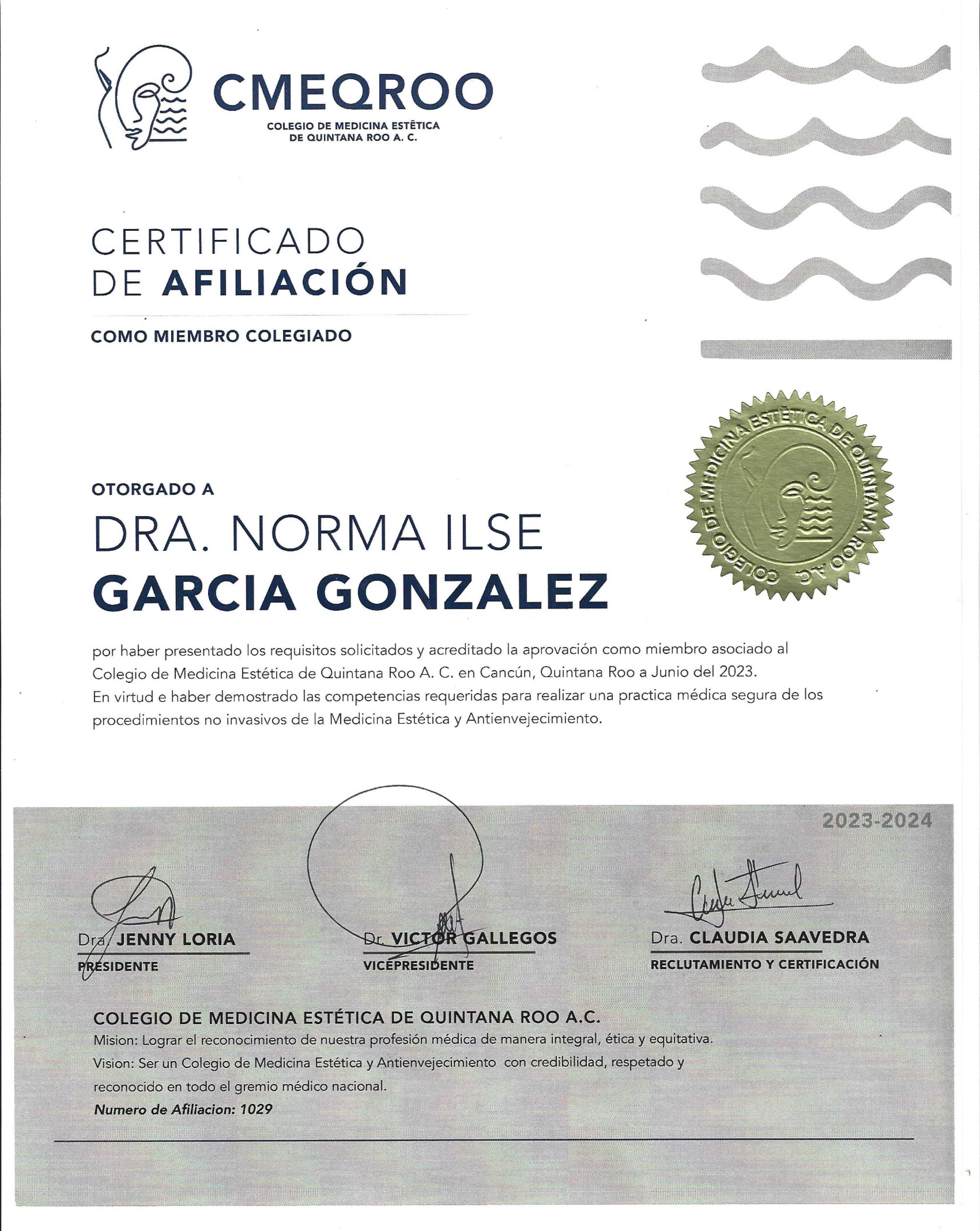 Membership Certificate in Aesthetic Medicine (Cancun, 2023–2024)