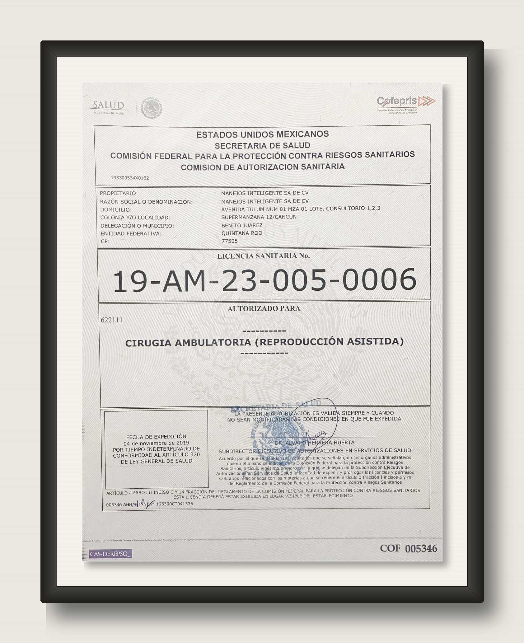 IREGA fertility clinic certification document in Cancun, Mexico