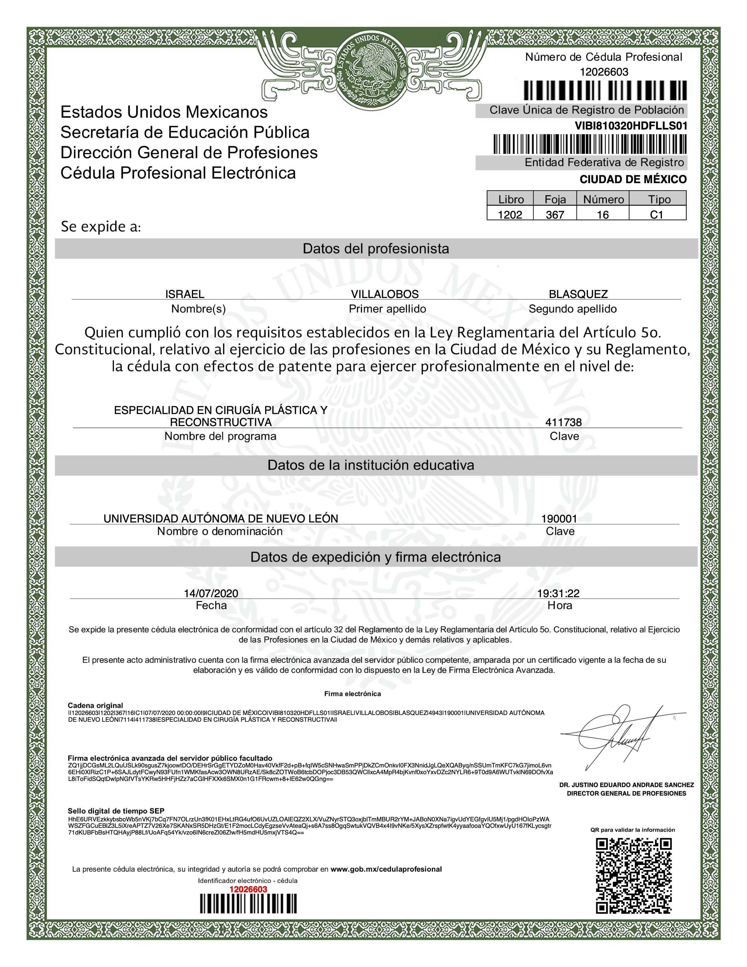 Dr. Israel Villalobos Plastic Surgery in Tijuana Certificate