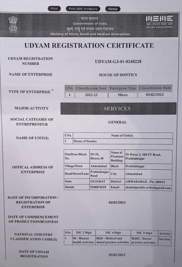 Certification of House of Dontics Dental Clinic