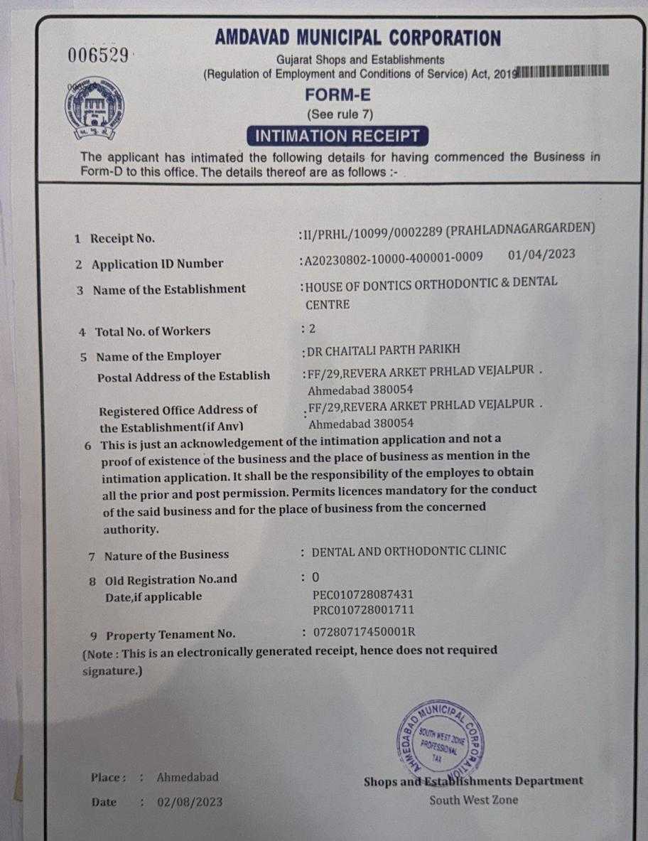 House of Dontics Dental Clinic Certificate