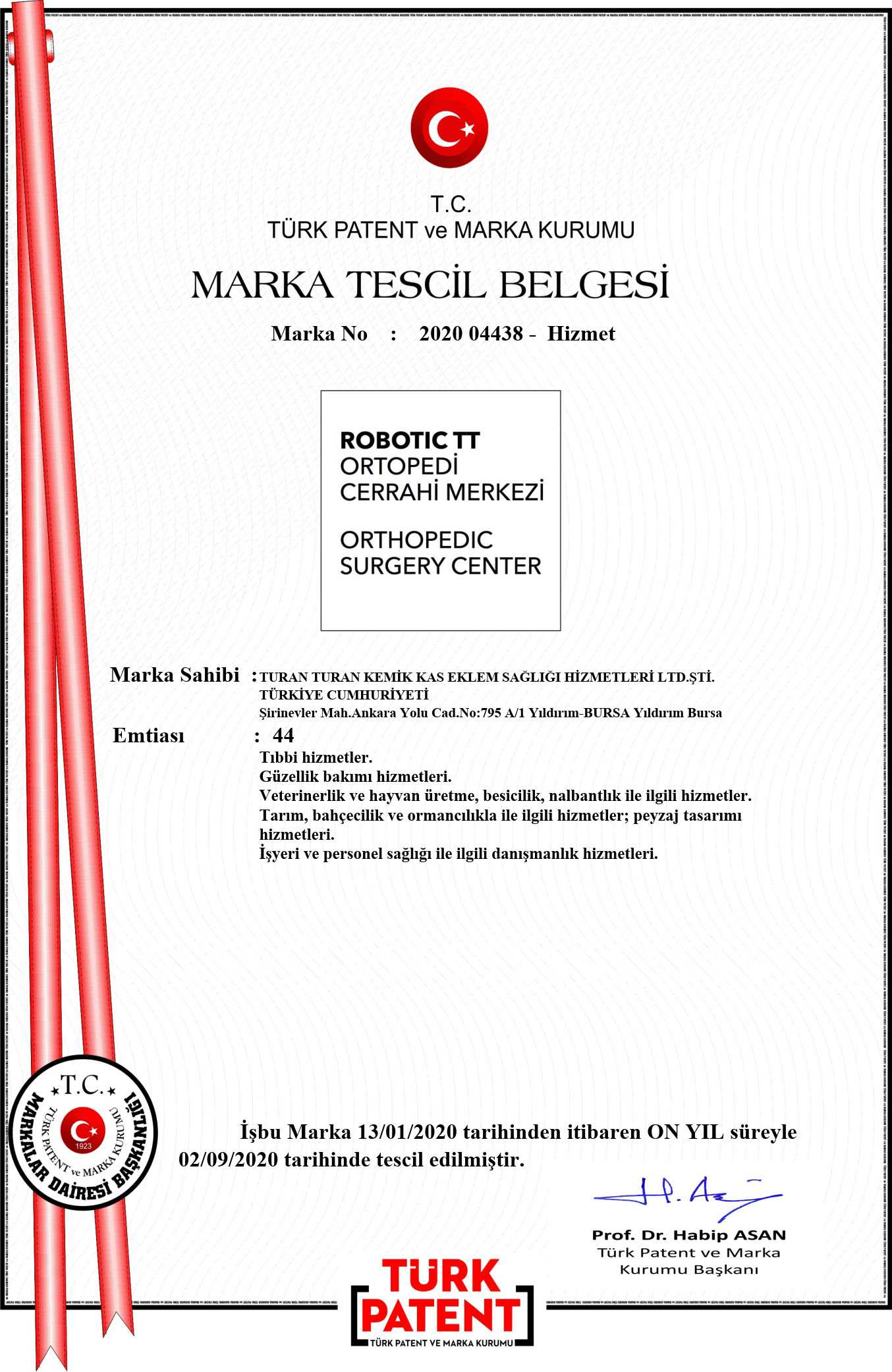 Turan Turan Robotic Surgery Center and Orthopedic Clinic Certification