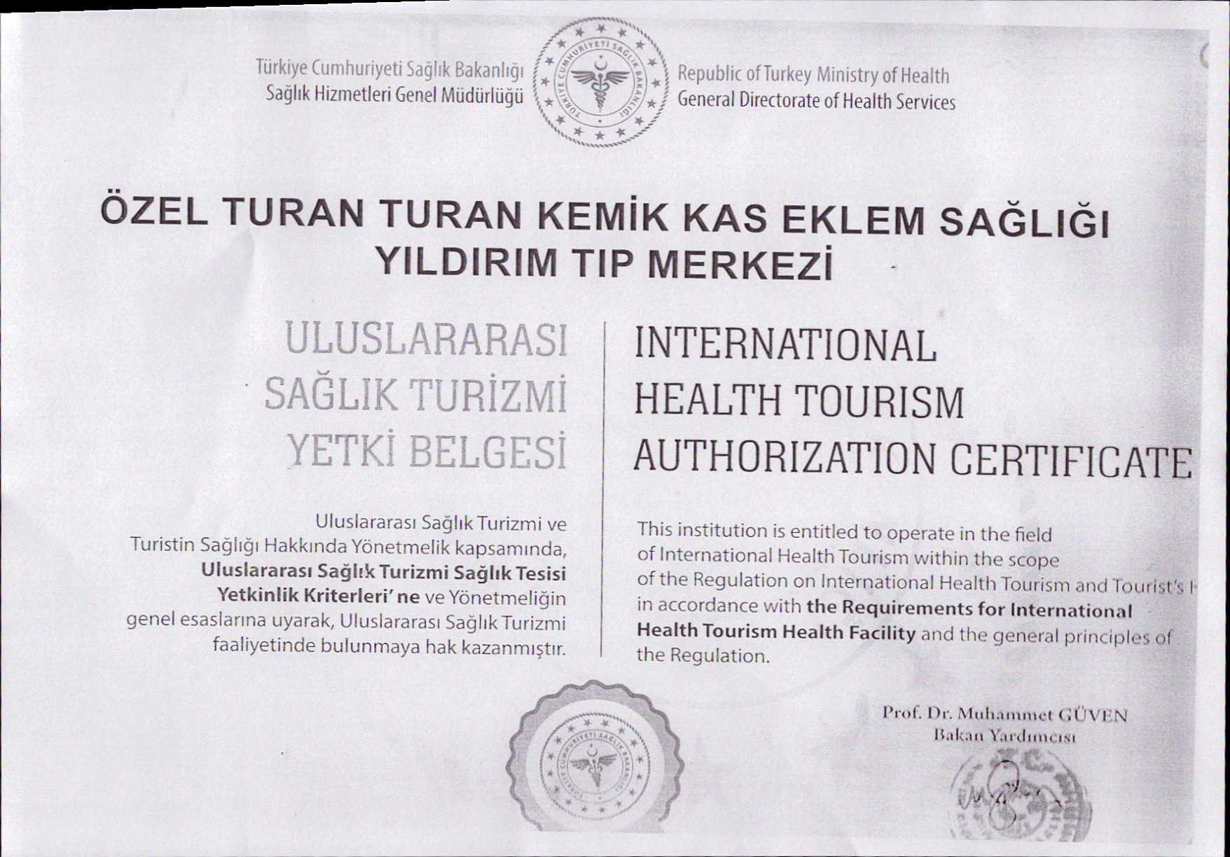 Turan Turan Robotic Surgery Center and Orthopedic Clinic Certificate