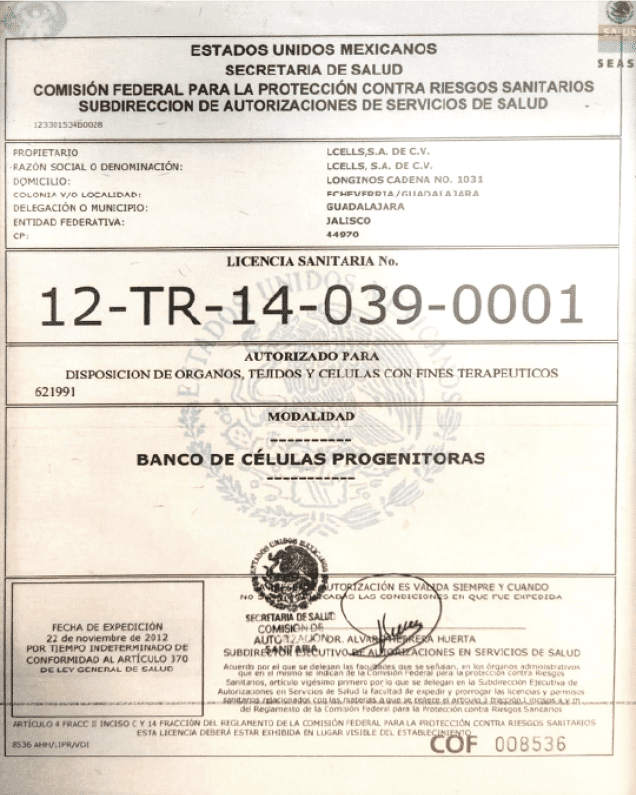 COFEPRIS regenerative medicine health license