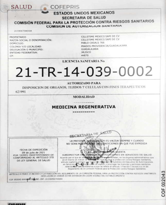 COFEPRIS progenitor cell bank health license