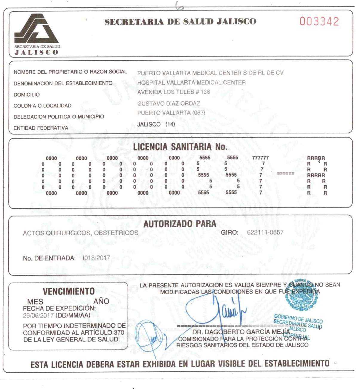 Hospital Vallarta Medical Center Official Accreditation Certificate