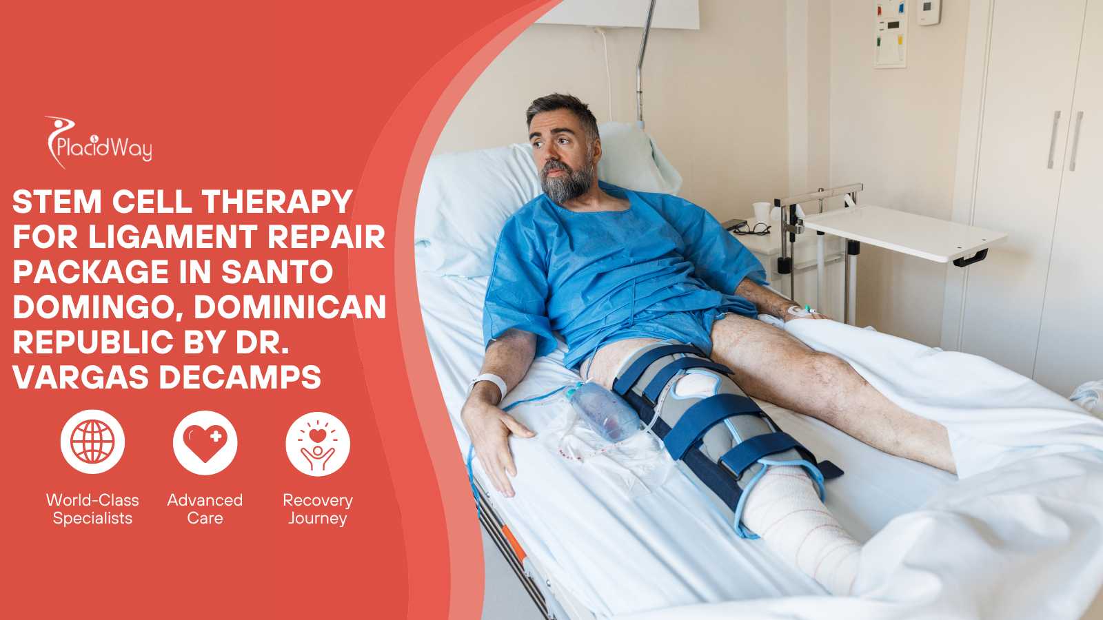 male patient in hospital bed after ligament surgery