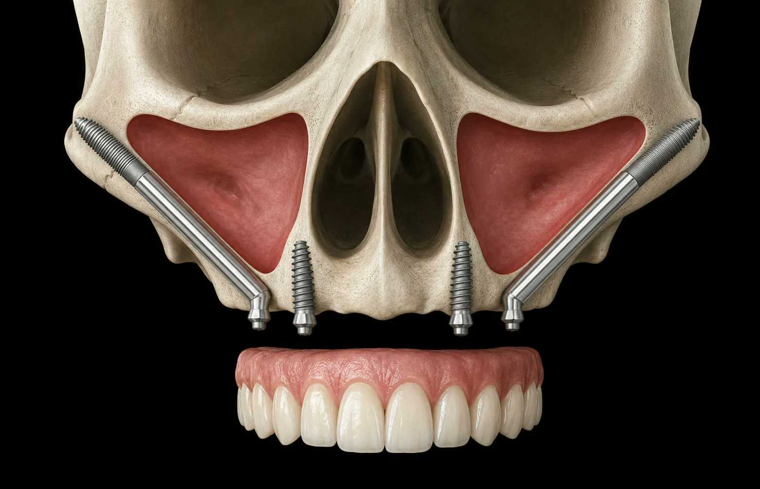Anatomical illustration: zygomatic implants anchored in the cheekbone supporting a fixed full-arch prosthesis
