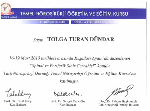 Neurosurgery in Turkey | Assoc. Prof. Dr. Tolga Turan DÜNDAR Certificate