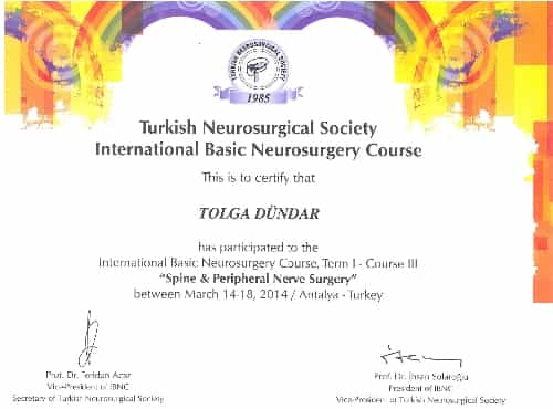 Neurosurgery in Turkey | Assoc. Prof. Dr. Tolga Turan DÜNDAR Certificate