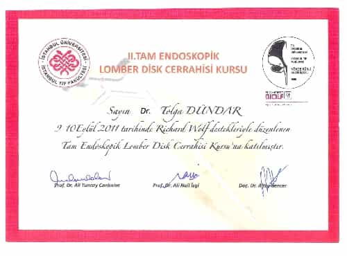 Neurosurgery in Turkey | Assoc. Prof. Dr. Tolga Turan DÜNDAR Certificate