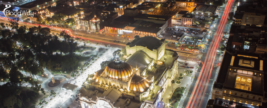 Aerial View of Mexico City, Mexico Light Trails and Bellas Artes