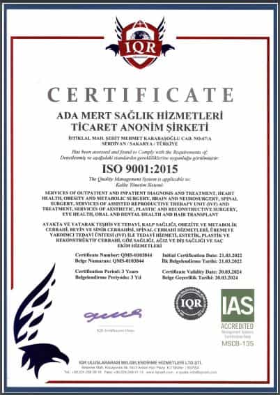 Certificate - ADATIP Hospital in Istanbul Sakarya Turkey