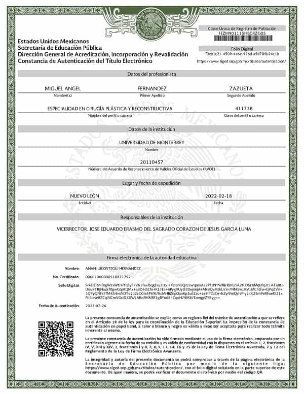 Dr. Miguel Angel Fernandez Certificate