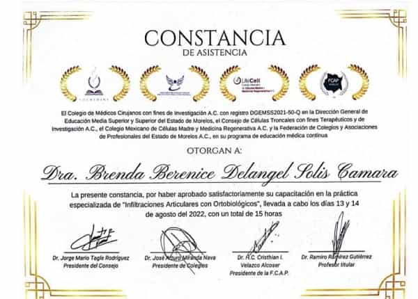 Dra. Brenda Delangel Certificate