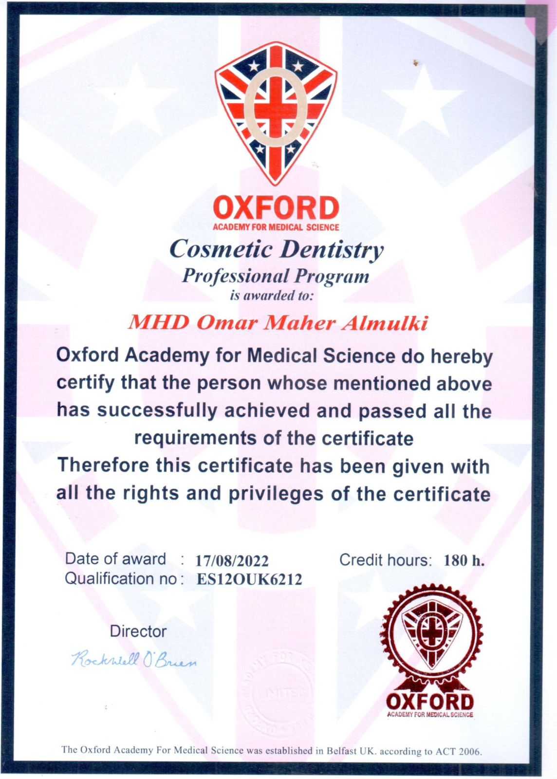 Certificate of Solitaire Dental Clinic